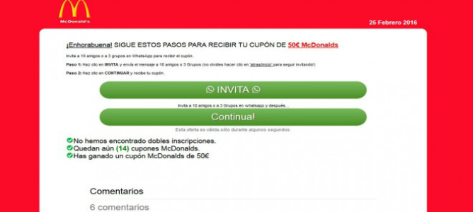 Un cupón falso de 50 euros de McDonald’s circula por WhatsApp