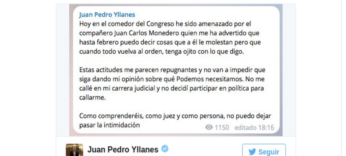 El juez y diputado de Podemos denuncia que Monedero le ha amenazado