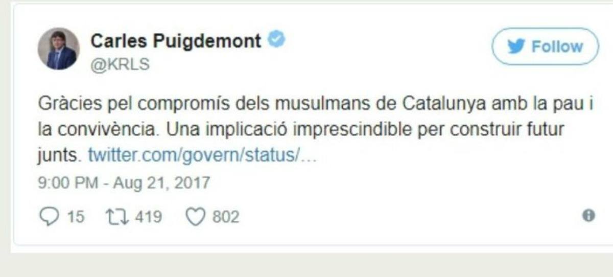Puigdemont llama a los musulmanes a construir el futuro de Cataluña tras los atentados