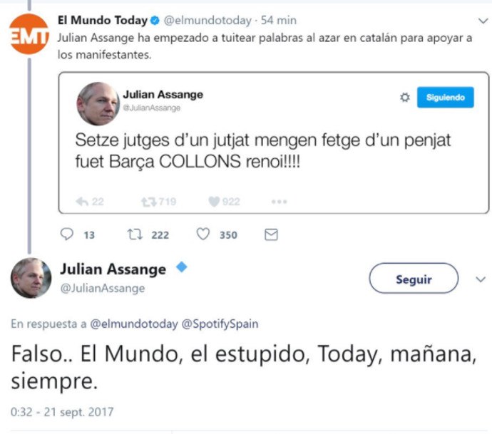 Assange la lía en Twitter tras confundir 'El Mundo Today 