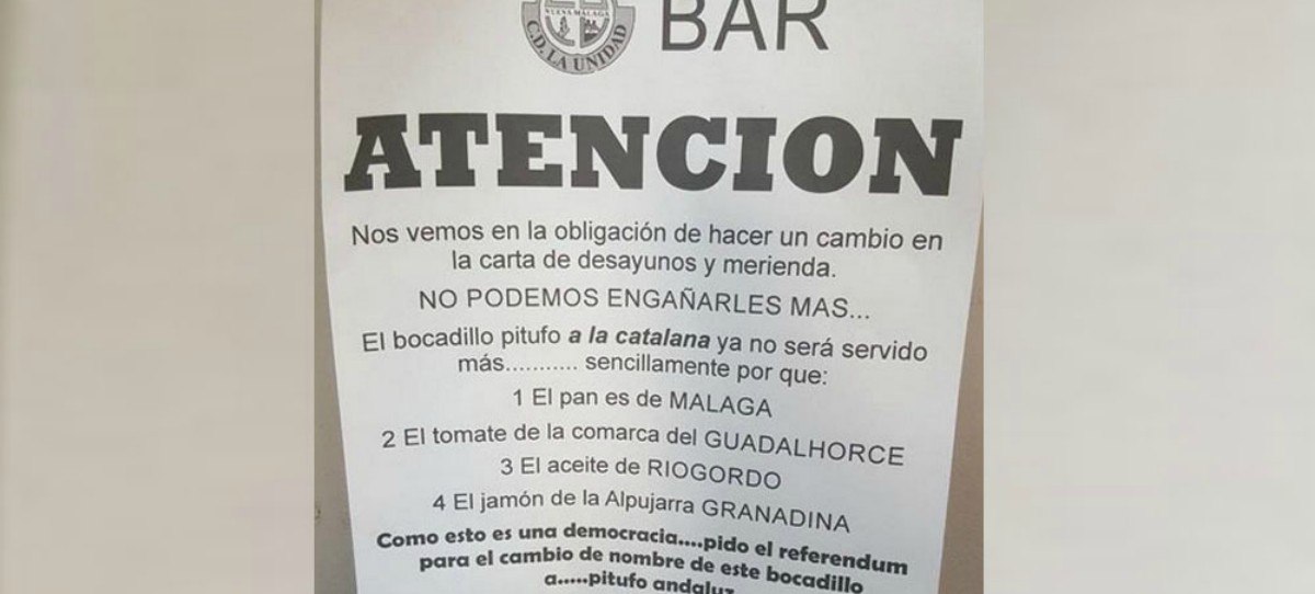 El mensaje viral de un bar malagueño: Propone cambiar el ‘pitufo a la catalana’ por el ‘andaluz