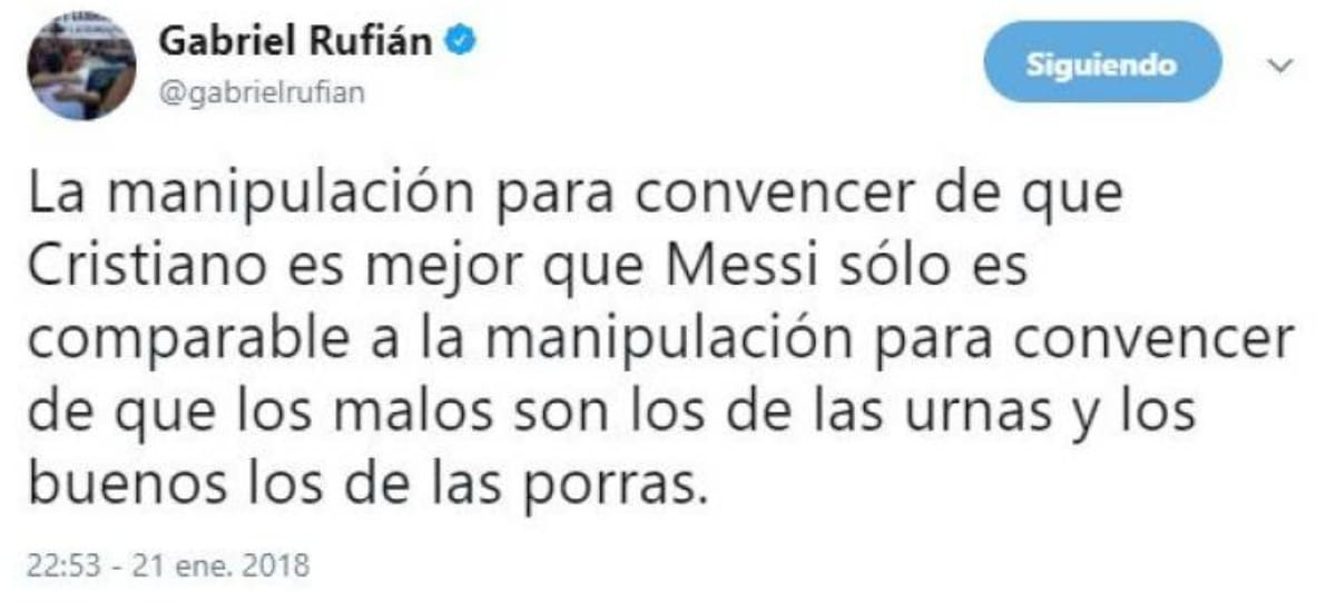 Rufían habla ahora de Messi y Cristiano y los compara con el 1-O
