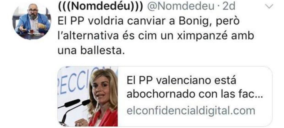 Alto cargo de la Generalitat compara a la secretaria general del PP valenciano con un ‘chimpancé’