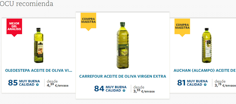Aceites de oliva que se llaman ‘extra’, pero que sólo son ‘virgen’, según la OCU
